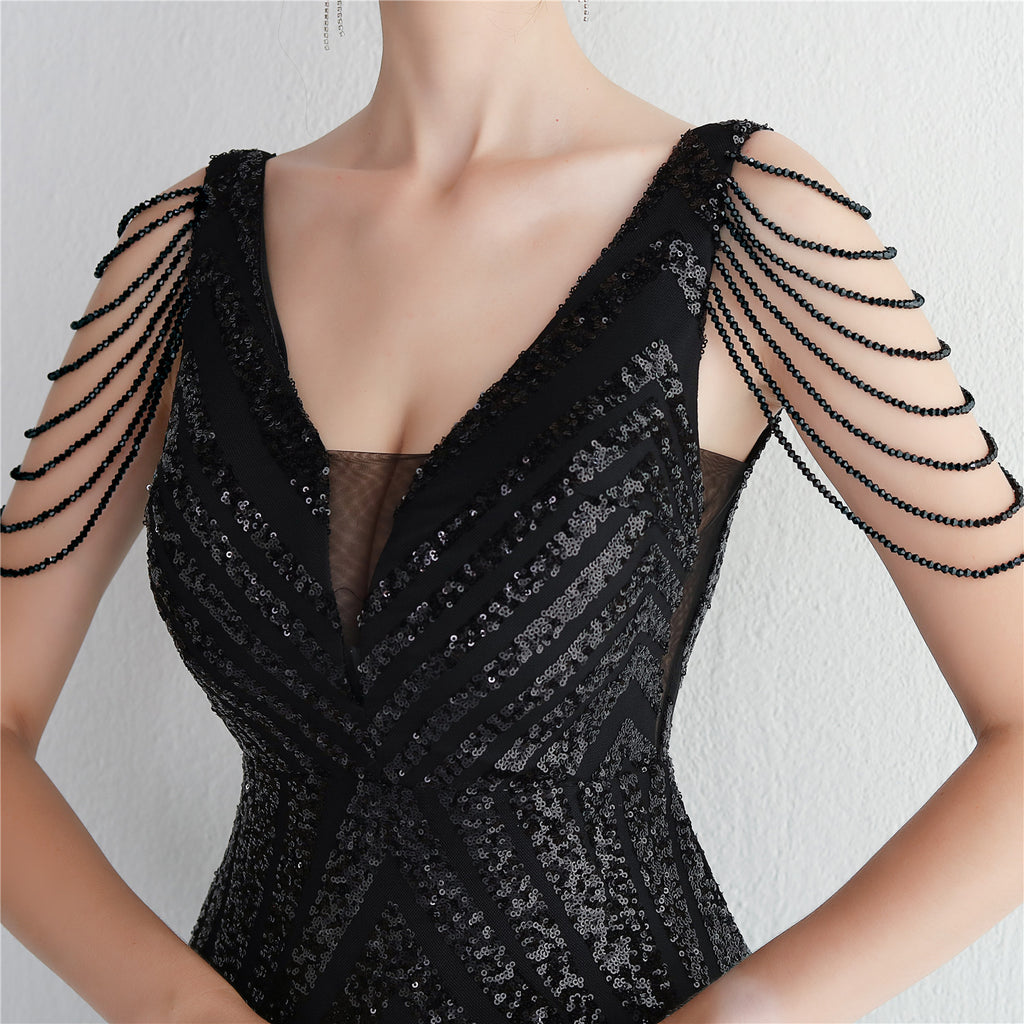 REVCHIC LUXE Elegant V-Neck Sequin Fringe Maxi Gown