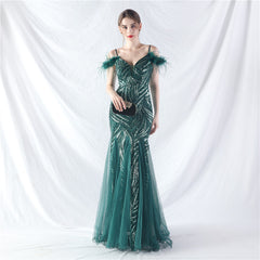 Craft Order Ostrich Hair Sequin Stitching Mesh High End Evening Dress