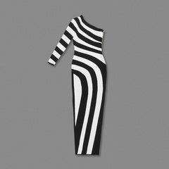 Black White Striped High Slit One Shoulder Day Dress