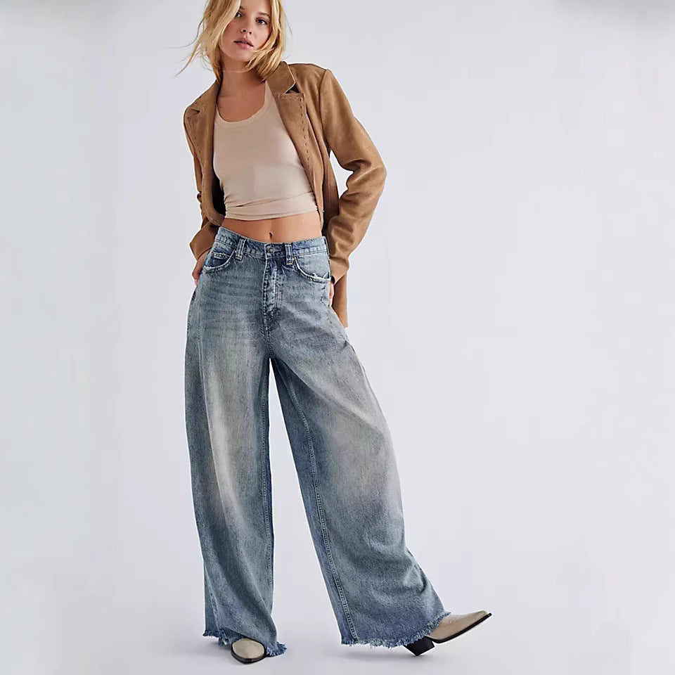 Retro High Waist Drooping Wide Leg Denim Jeans