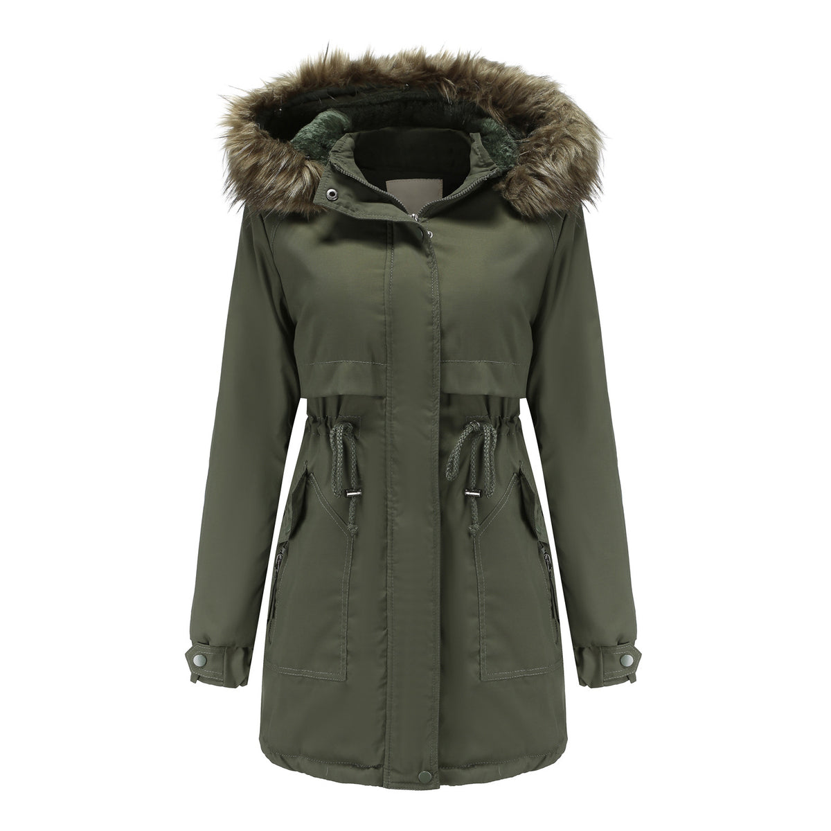 Women Cotton Padded Detachable Fur Collar Quilted Coat