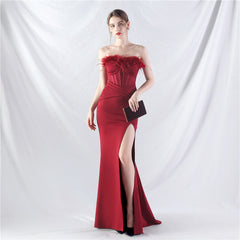 Elegant Feather Boning Corset Satin Evening Dress