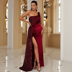 Elegant Sequined One Shoulder Backless Evening Dress