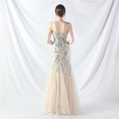 Elegant Sequin Mesh Beaded Evening Dress