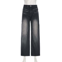 Retro High Waist Washed Mop Drape Wide Leg Jeans