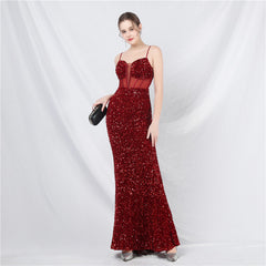 Elegant Boning Corset Mesh Sequin Evening Dress