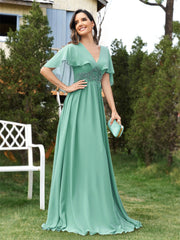 Elegant Chiffon Flared Sleeves Green Evening Dress