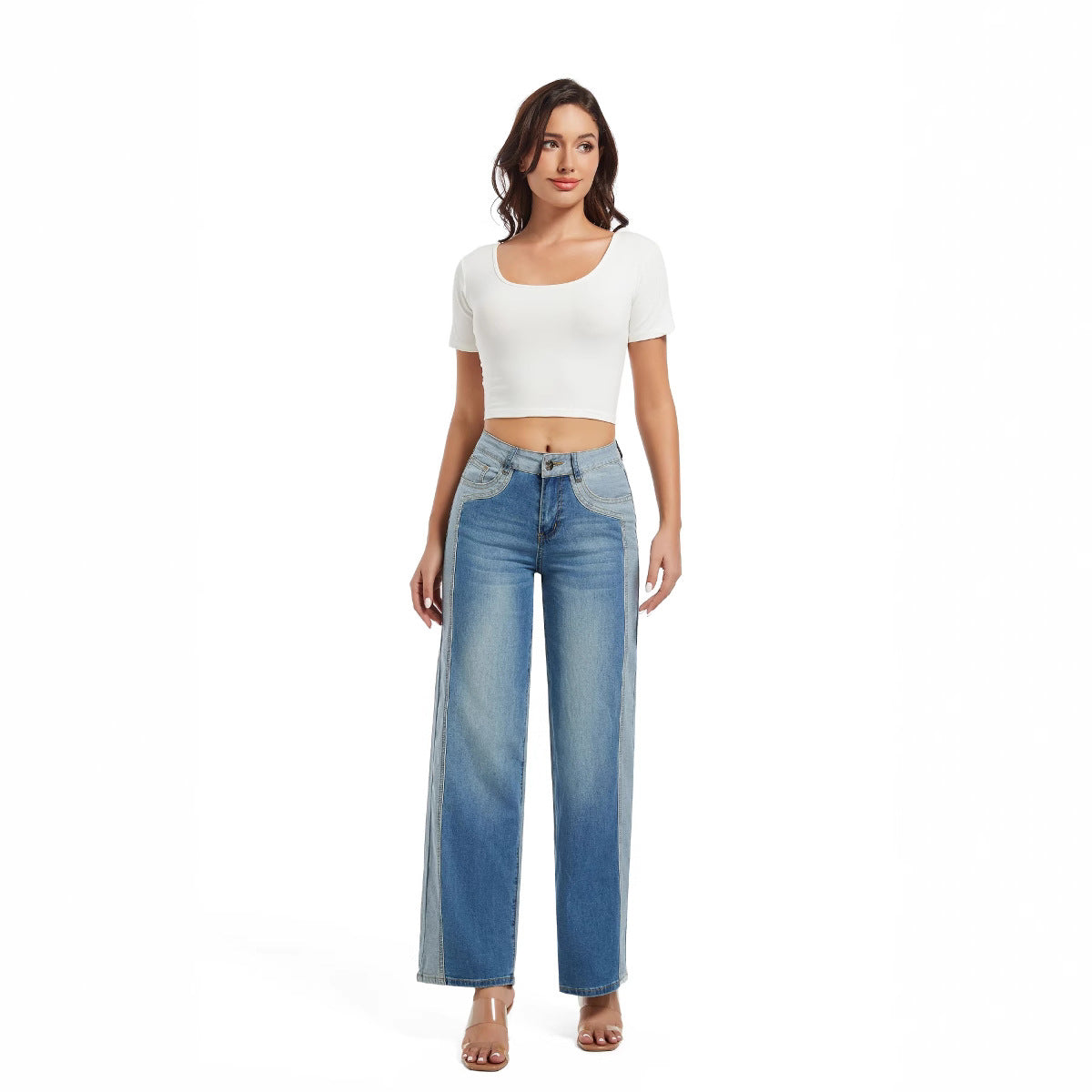 Women Mid Waist Straight Contrast Color Jeans