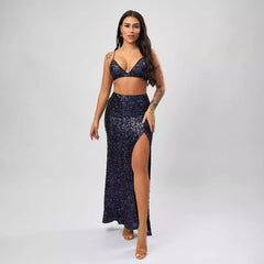 Sexy Sequined High Slit Skirt Set