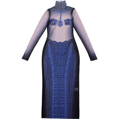 Sexy Blue Mesh Turtleneck Sheath Long Sleeve Printed Party Dress