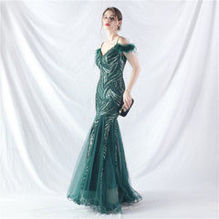 Craft Order Ostrich Hair Sequin Stitching Mesh High End Evening Dress