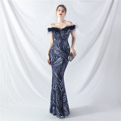 Elegant Boning Corset Ostrich Feather Sequined Evening Dress