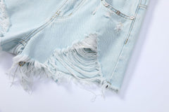 Light Blue Tassel Raw Hem Ripped A line Denim Shorts