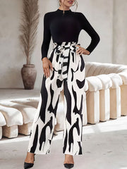 Elegant Pleated Printed Waist Casual Wide Leg Pants