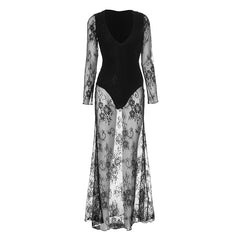 Women Deep V Plunge Lace Stitching Lining Sexy Party Dress