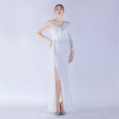 Elegant Feather Ruffled Side Slit Sequined Evening Dress