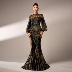 Long Sleeve Sequined Lace Mesh Printed Evening Dress