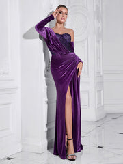 One Shoulder Long Sleeve Purple Sequined Slit Evening Dress