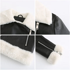 Long Sleeves Turn down Collar Fleece Leather Jacket