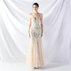 Beaded Stitching Mesh Sequined Evening Dress