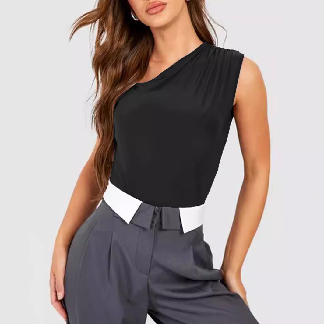 Sexy Slim Fit One Shoulder Sleeveless Pleated Bodysuit