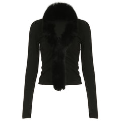 Elegant Fur Collar Stitching Black Sweater Top