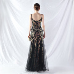 Elegant Sequin V-Neck Mesh Camisole Evening Dress