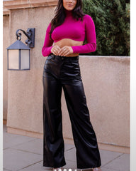 High Waist Faux Leather Wide Leg Straight Casual Leather Pants