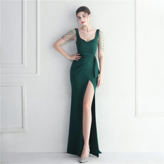 Elegant Beaded Long Slit Evening Dress