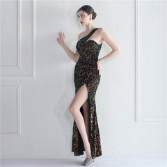 Elegant Velvet Bottom Sequin One Shoulder Evening Dress