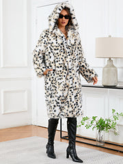 Leopard Print Hooded Fur Long Sleeve Mid Length Warm Coat