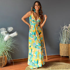 V Neck Brace Printing Elegant Vacation Maxi Dress