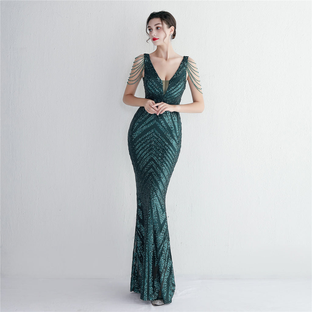 REVCHIC LUXE Elegant V-Neck Sequin Fringe Maxi Gown