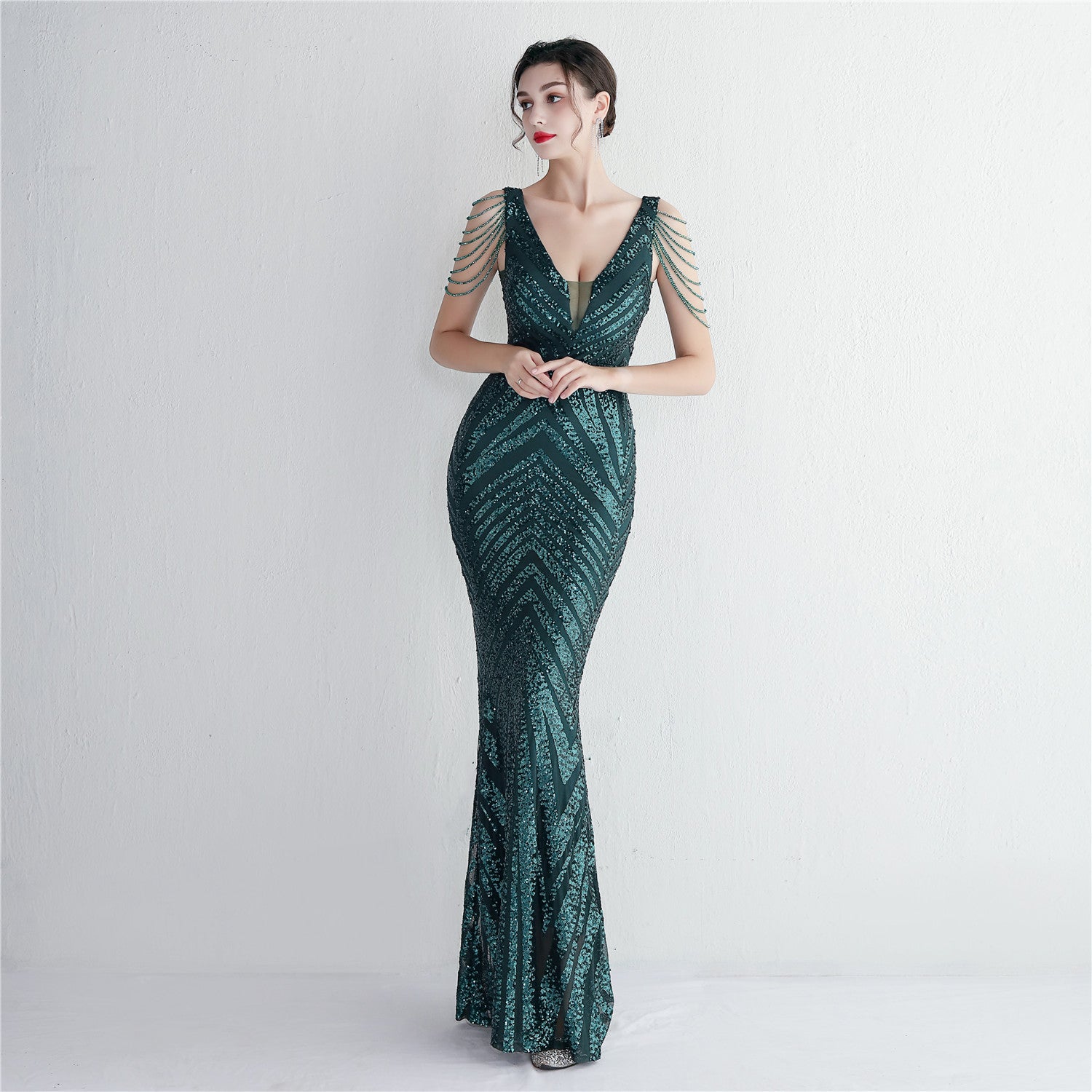 REVCHIC LUXE Elegant V-Neck Sequin Fringe Maxi Gown