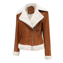 Long Sleeves Turn down Collar Fleece Leather Jacket