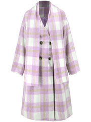 Women Plaid Woolen Elegant Double-Breasted Scarf Coat