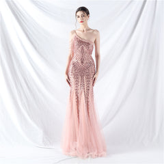 Elegant Beaded Floral Sequin Mesh Evening Dress