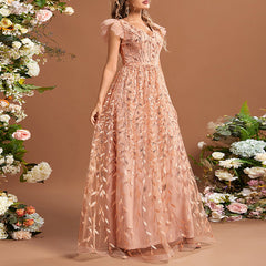 Women Flutter Sleeve Embroidery Evening Dress