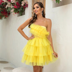 Elegant Tube Top Mesh Ruffle Party Dress