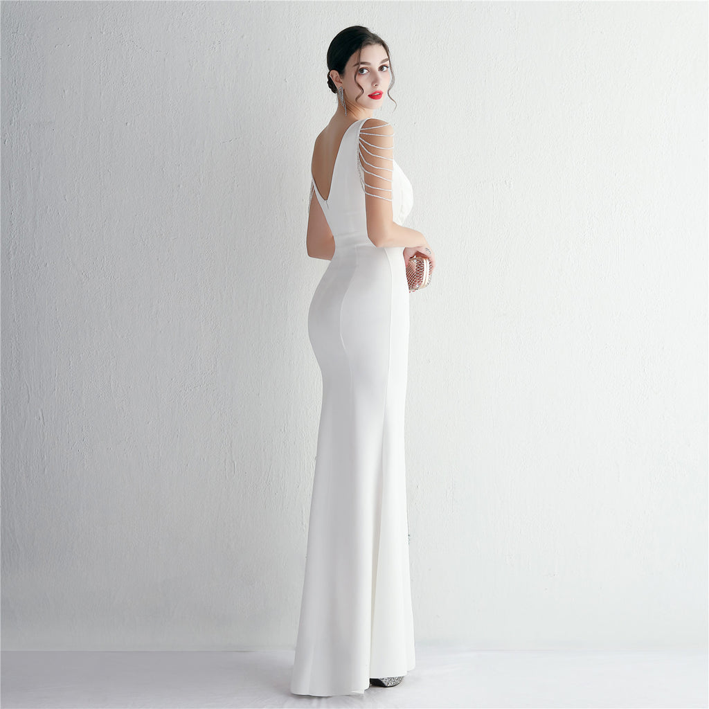 REVCHIC LUXE Elegant V-Neck Beaded Satin Maxi Gown