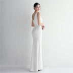 REVCHIC LUXE Elegant V-Neck Beaded Satin Maxi Gown