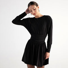 Women Solid Color Retro Long Sleeve Pleated Short Dress