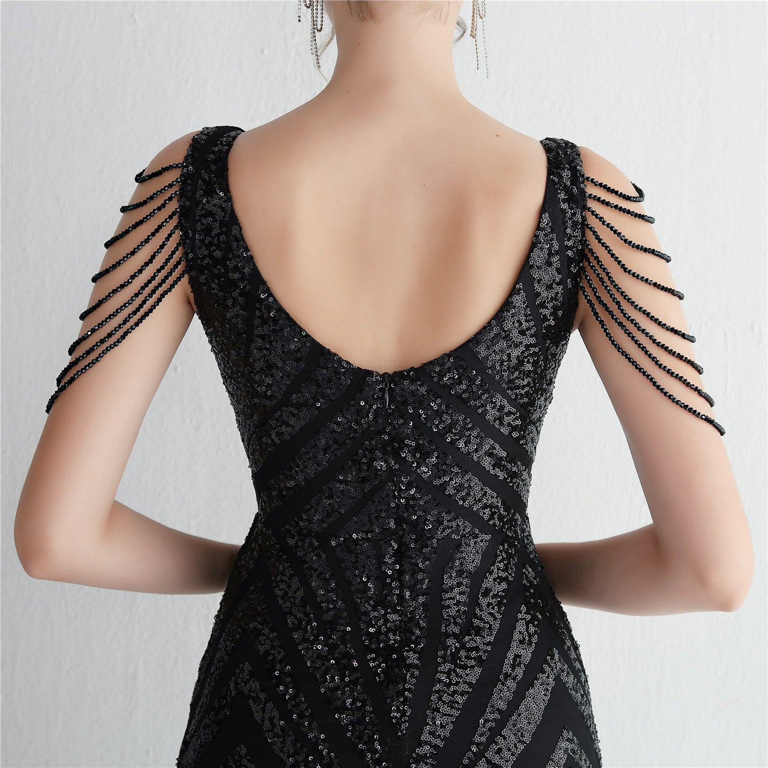 REVCHIC LUXE Elegant V-Neck Sequin Fringe Maxi Gown