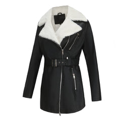 Long Sleeved Fleece Leather Double Headed Zipper Coat With Belt