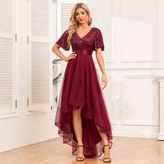 Elegant V Neck Ruffled Short Sleeves Tulle Asymmetric Evening Dress