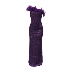 Black Paillette Feather Stitching Sequin Evening Dress