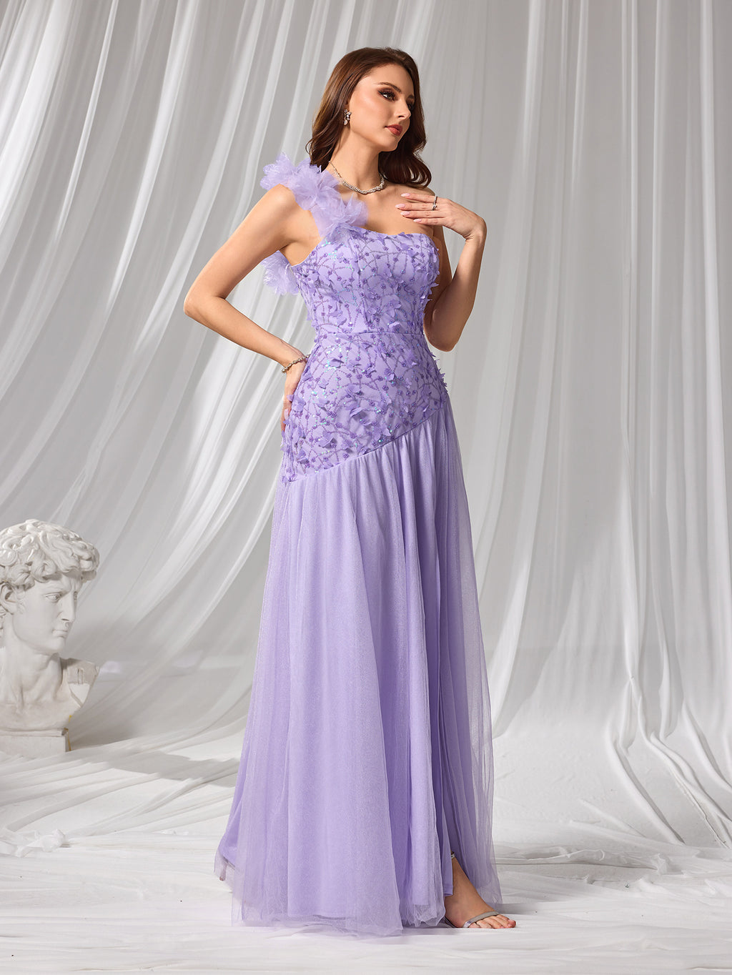 RevChic Étoile – Petal-Mesh Split Shoulder Evening Dress