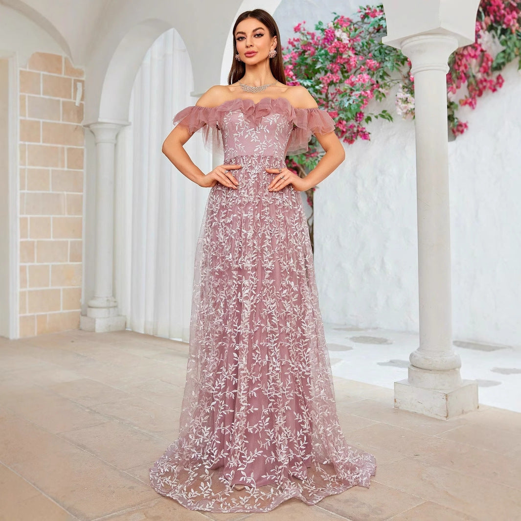 Off Shoulder Embroidery Slim Fit Evening Dress