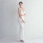 REVCHIC LUXE Elegant V-Neck Floral Sequin Sleeveless Formal Gown