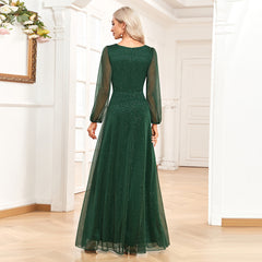 Elegant V Neck Shiny Sheer Long Sleeve Chiffon Evening Dress